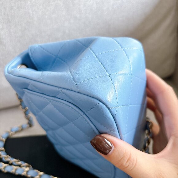 98% NEW CHANEL LAMB SKIN BABY BLUE SQUARE FLAP BAG - Picture 9 of 15